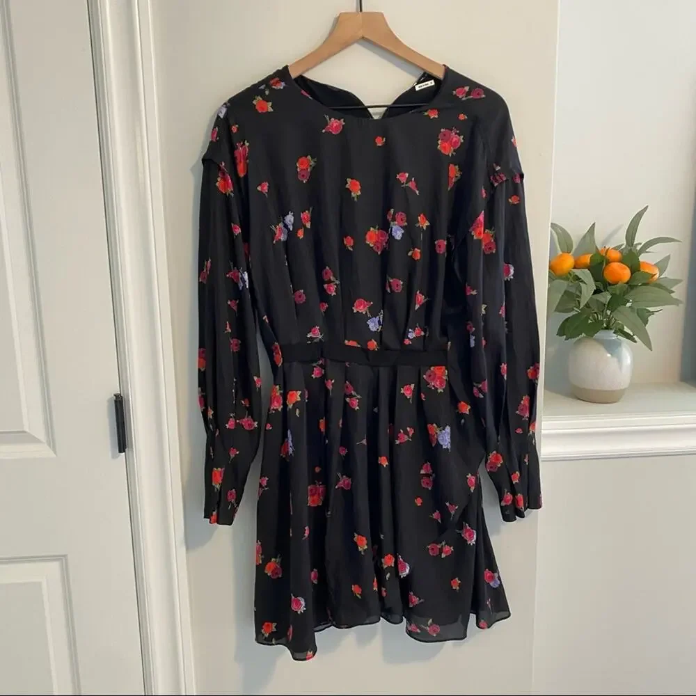JASON WU Black Rose Floral Long Sleeve Mini Dress 10